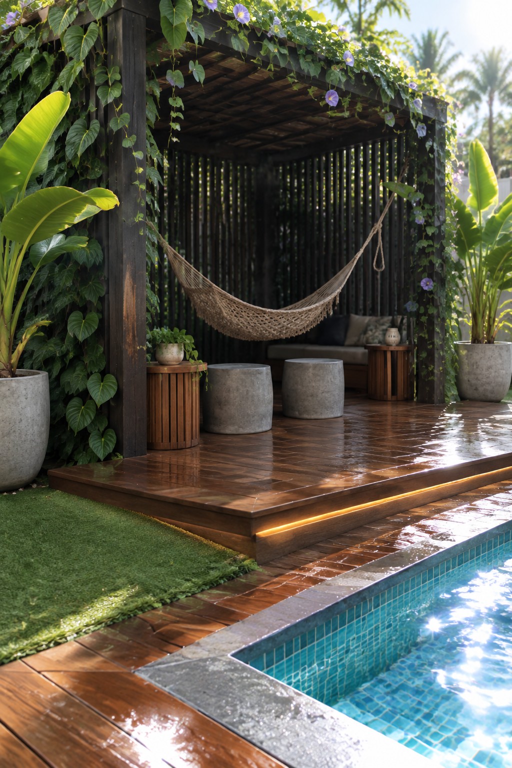 Tropical wooden deck with hammock under vine-covered pergola beside blue pool and plants.