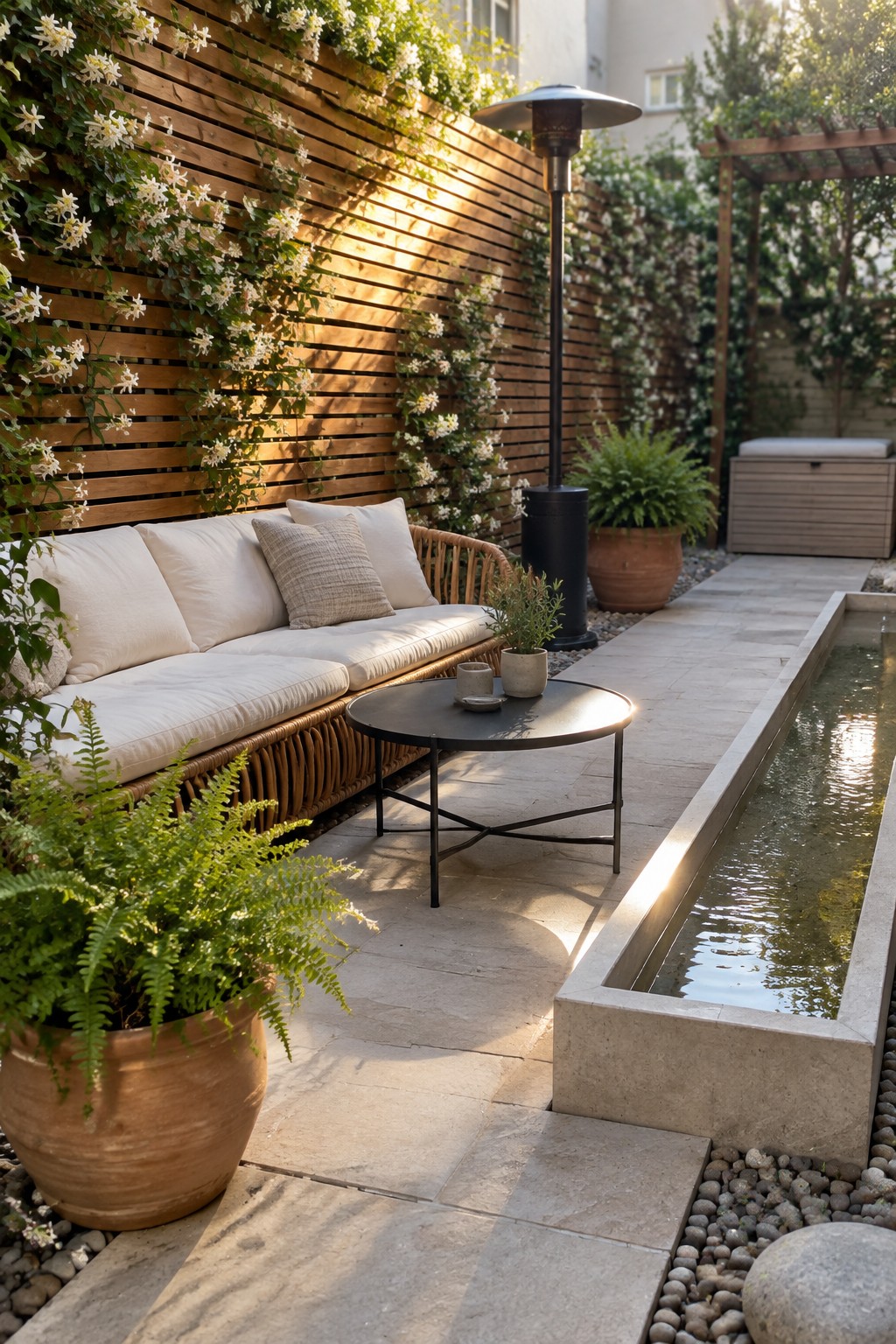 An outdoor patio features a wooden slatted screen covered in climbing white flowers, a rattan sofa with cushions, a round coffee table, and a long concrete water feature.