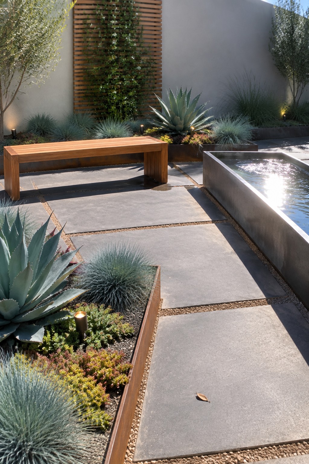 A backyard garden with large gray stone pavers, metal-edged beds of agave, grasses, and succulents, a wooden bench, and a long concrete water feature.