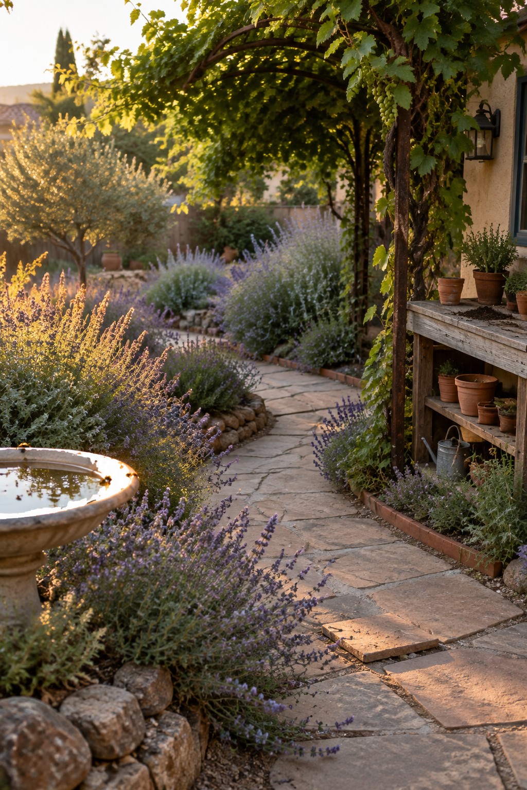 Stone path winds past lavender blooms by birdbath and grapevine-covered potting bench