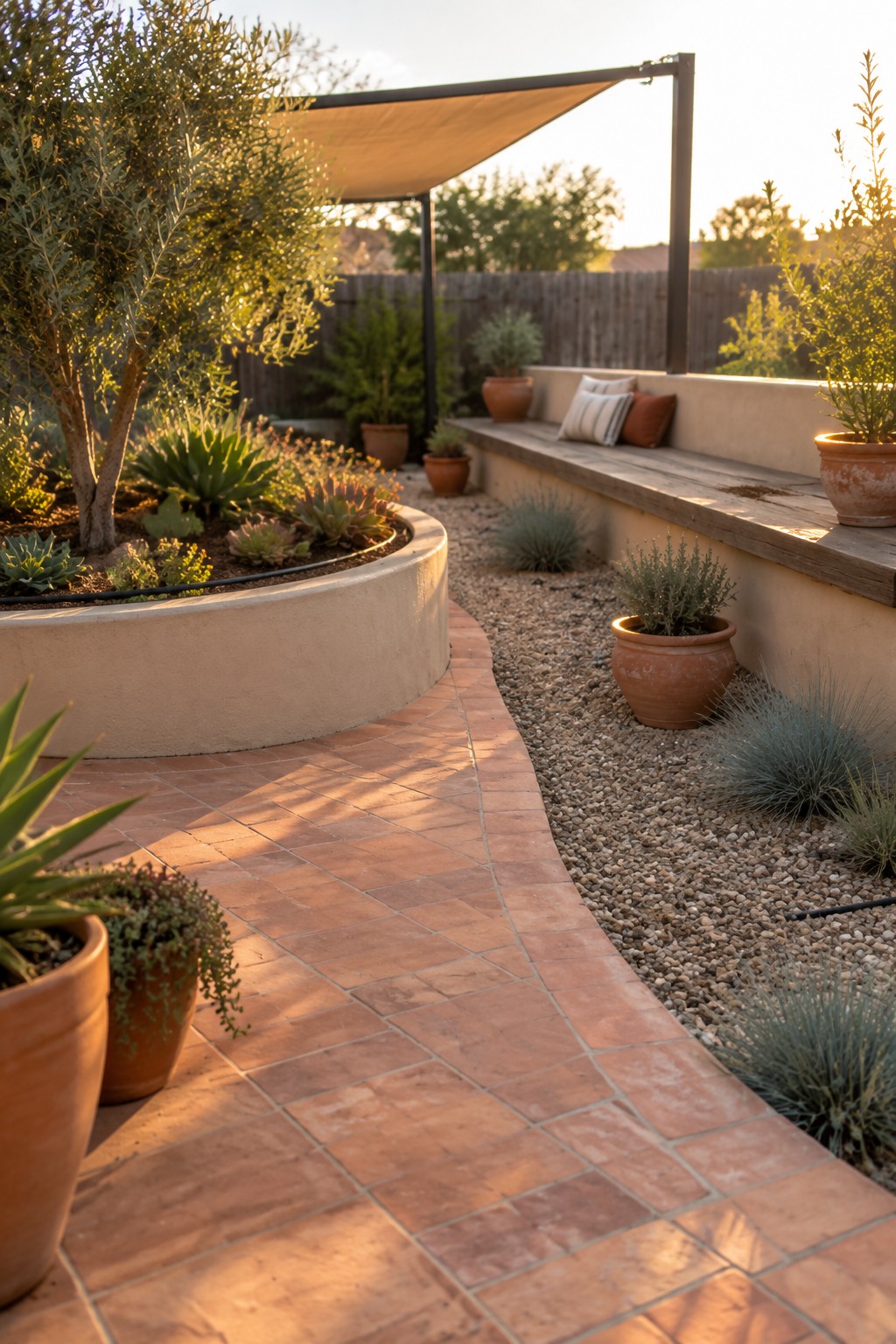 A backyard scene with a curved brick path bordering gravel beds that hold terracotta pots of succulents and shrubs, plus a built-in bench under a shade structure.