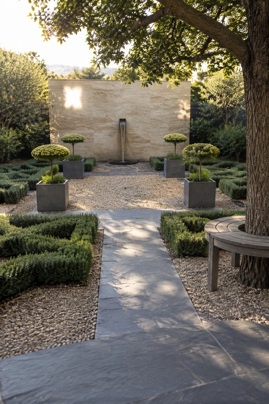 A stone path leads through gravel beds lined with low hedges and gray pots holding round clipped shrubs toward a stone wall with a water feature.