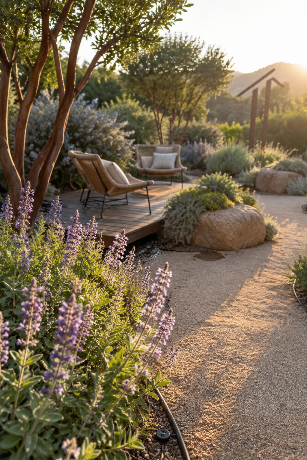 A backyard scene showing a small wooden deck with two chairs, a gravel path, large rocks, and dense purple flowering plants in the foreground with trees and hills in the background.