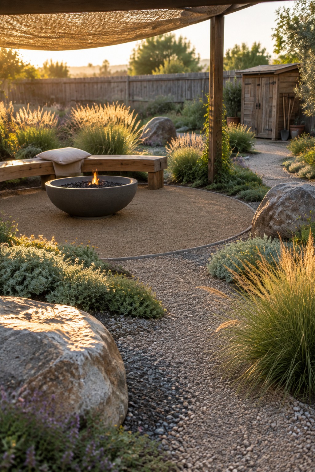 A backyard garden with a curved gravel path, fire pit area, wooden bench, large rocks, and clusters of ornamental grasses and shrubs.