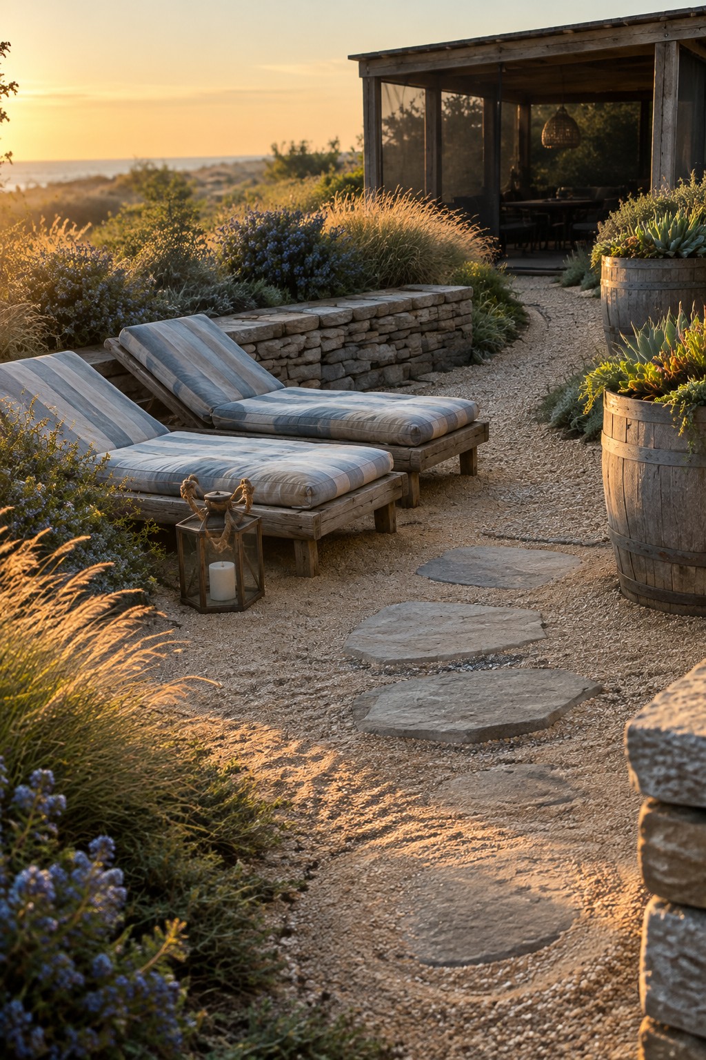 Two striped lounge chairs on gravel path with lantern and stone steps at sunset