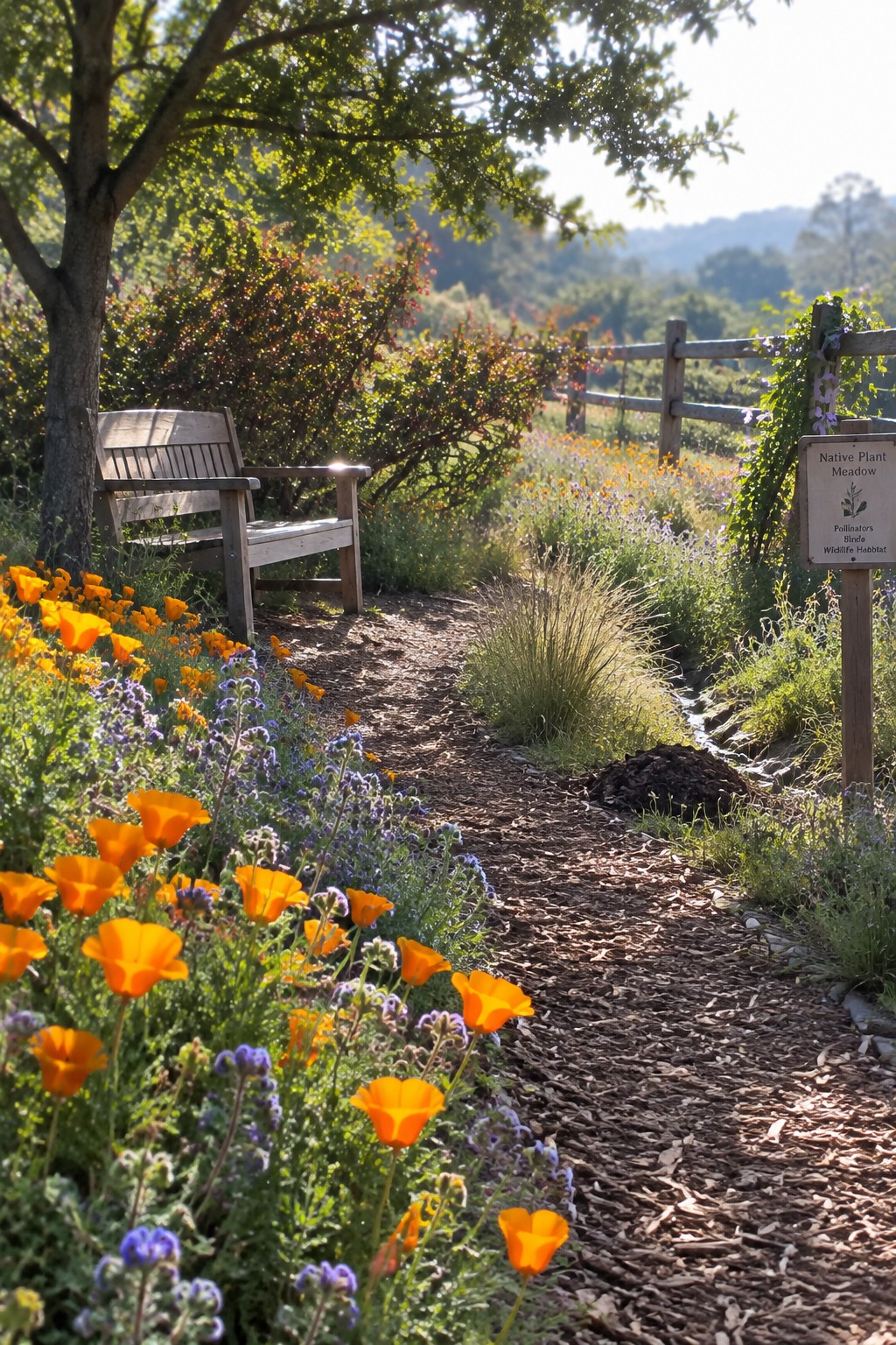 A mulched garden path runs beside orange poppies and purple wildflowers, with a wooden bench and a native plant meadow sign visible.