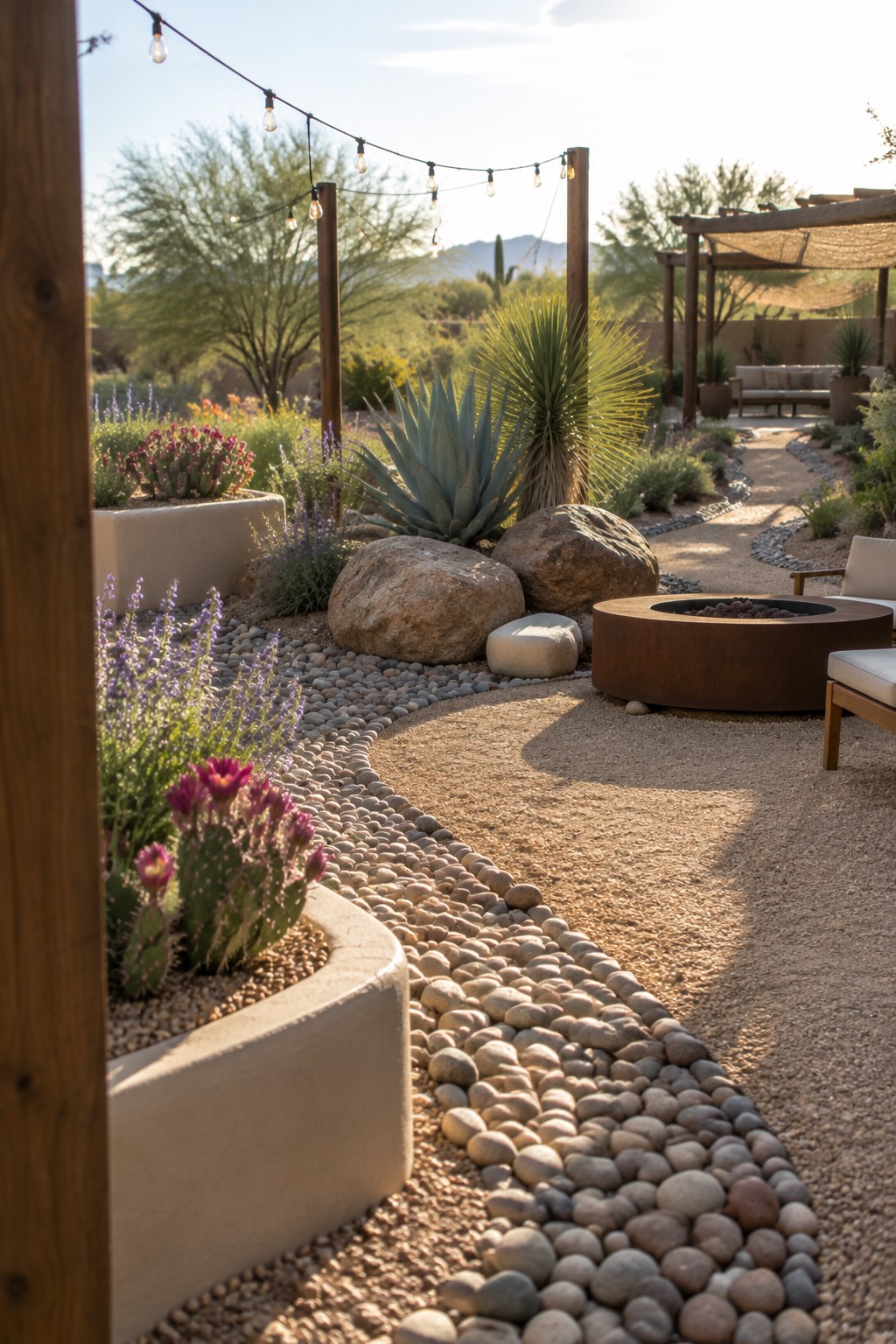 Desert garden path lined with cacti, boulders, fire pit, and string lights