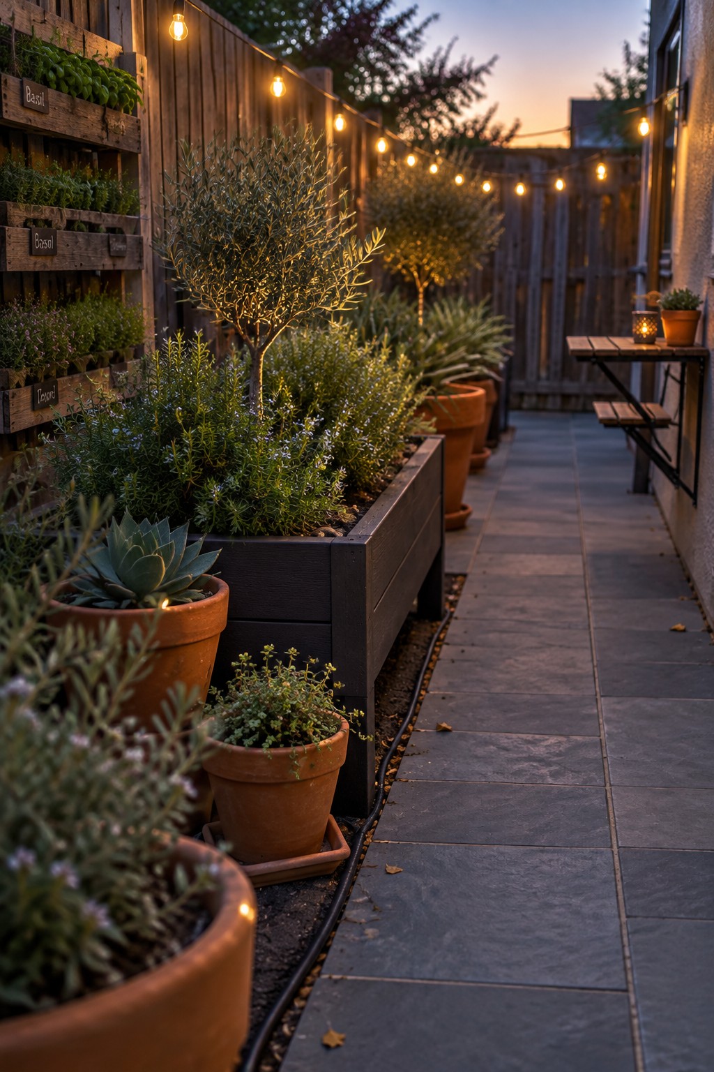 A narrow paved walkway lined with a long wooden raised bed and several terracotta pots containing herbs, succulents, and small olive trees, with string lights overhead.