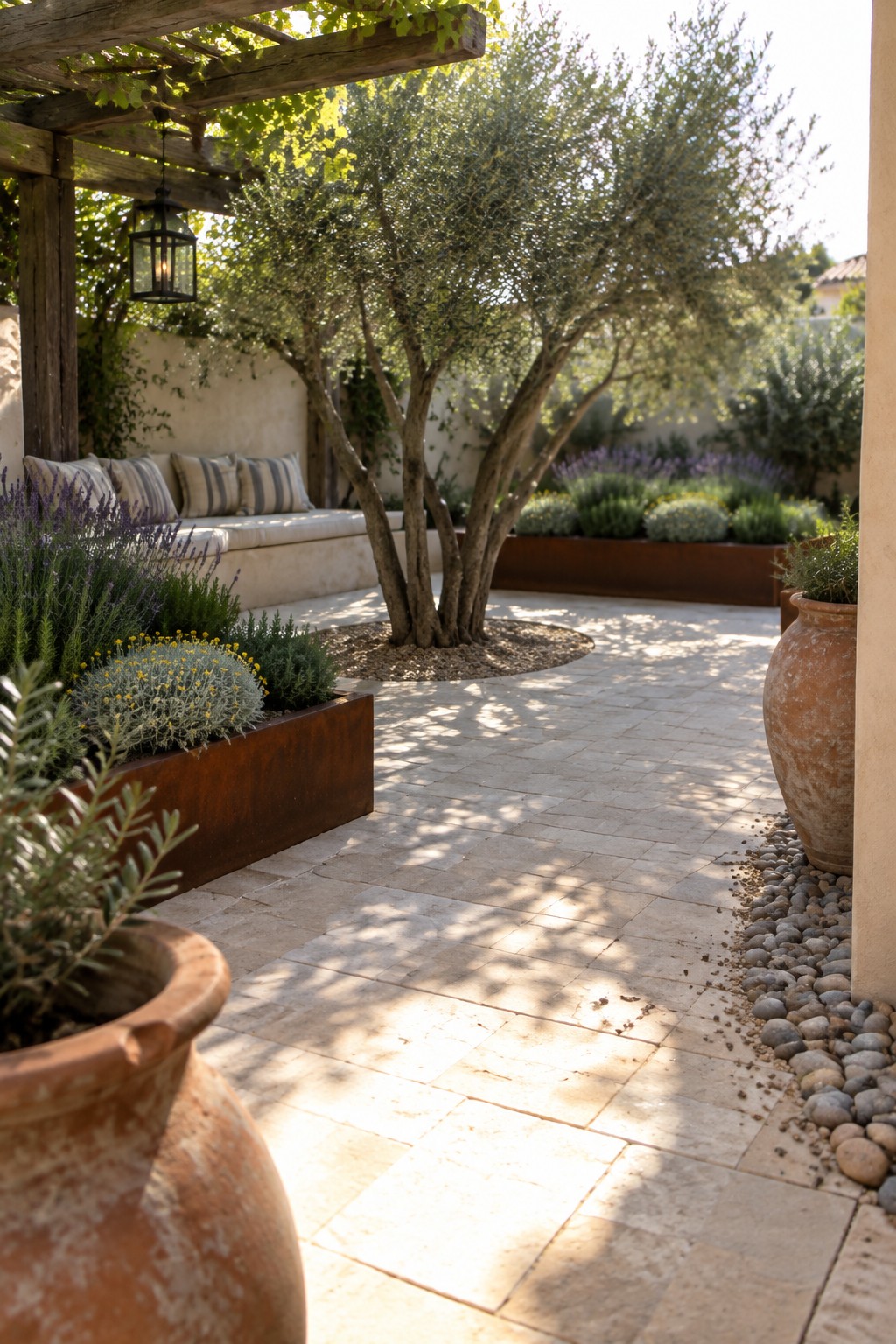 A stone paved path lined with raised corten steel planters holding lavender and shrubs, olive trees set in gravel circles, and large terracotta pots along the edge.