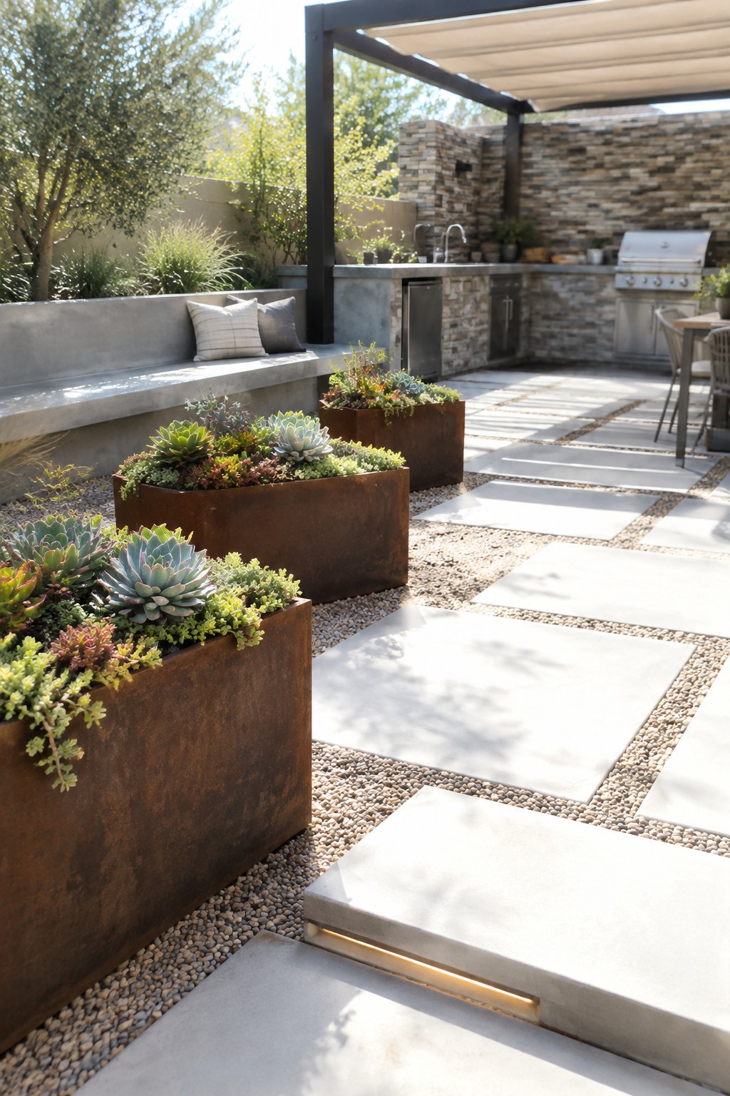 Large rusted metal planters filled with succulents sit on gravel beside large concrete pavers in an outdoor patio area with an outdoor kitchen in the background.