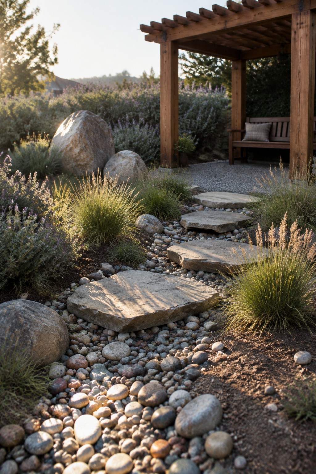A backyard path of large flat stepping stones set into gravel, with rocks and drought-tolerant grasses and shrubs on both sides, leading toward a wooden pergola with a bench.