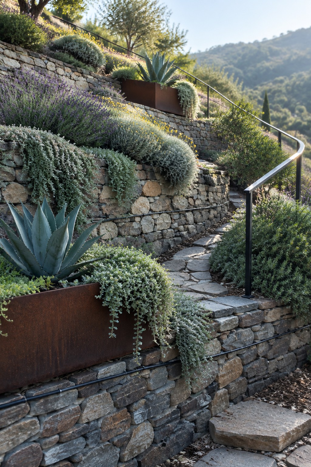 Terraced stone garden with agave, lavender, metal planters and winding path.