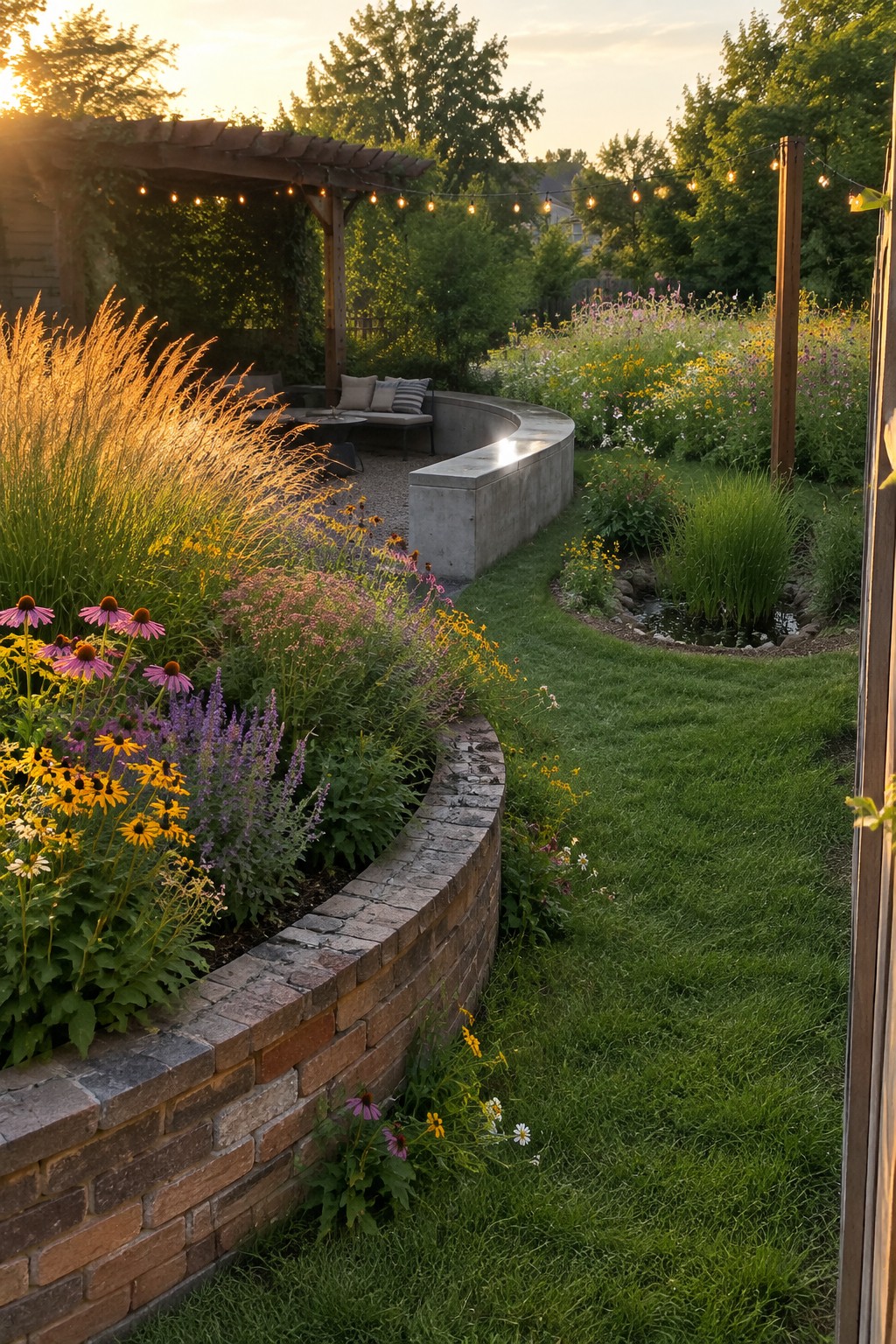 Lush backyard garden with brick walls, wildflowers, curved bench, pergola, and string lights at sunset