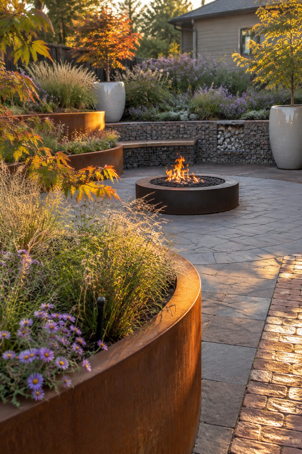 A backyard garden scene with curved rusted metal raised beds holding layered plants including purple asters and tall grasses, a round metal fire pit on a stone patio, and additional white planters in the background.