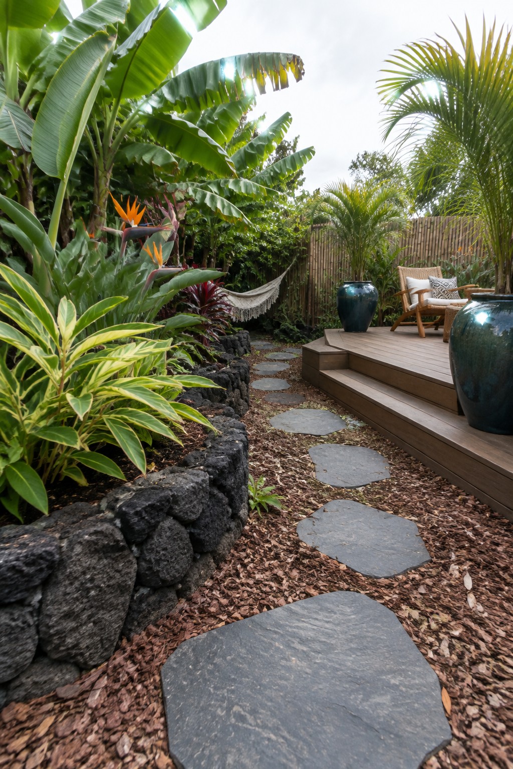 Stepping stone path winds through lush tropical plants toward wooden deck with pots.