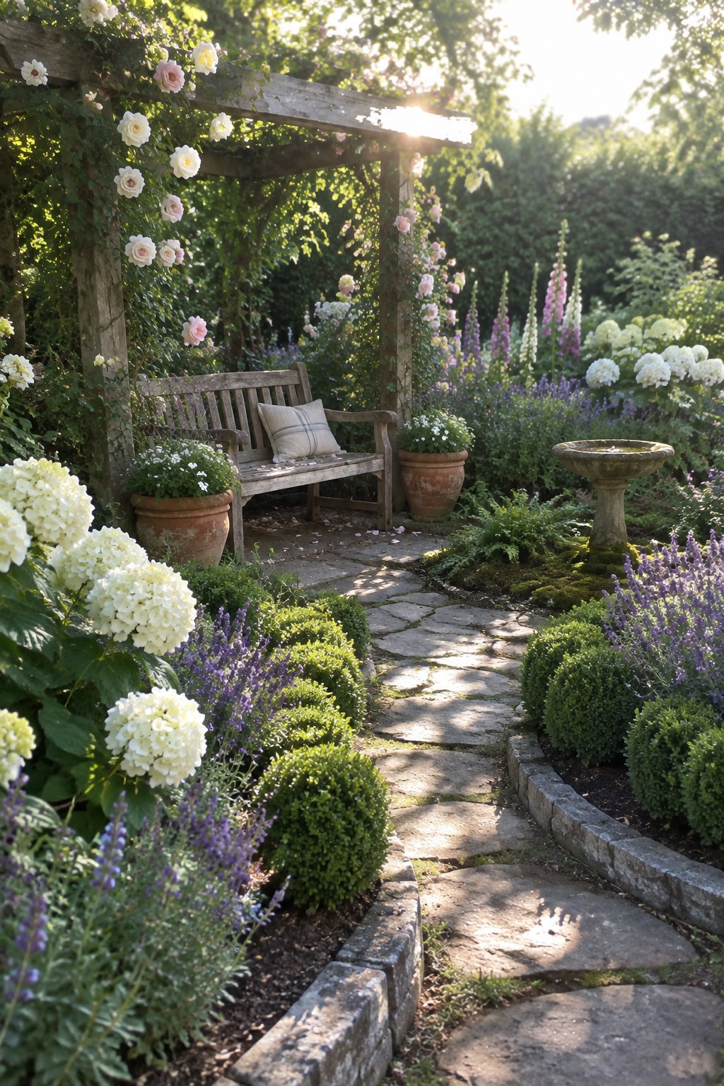 Wooden bench under rose-covered pergola along a curving stone garden path
