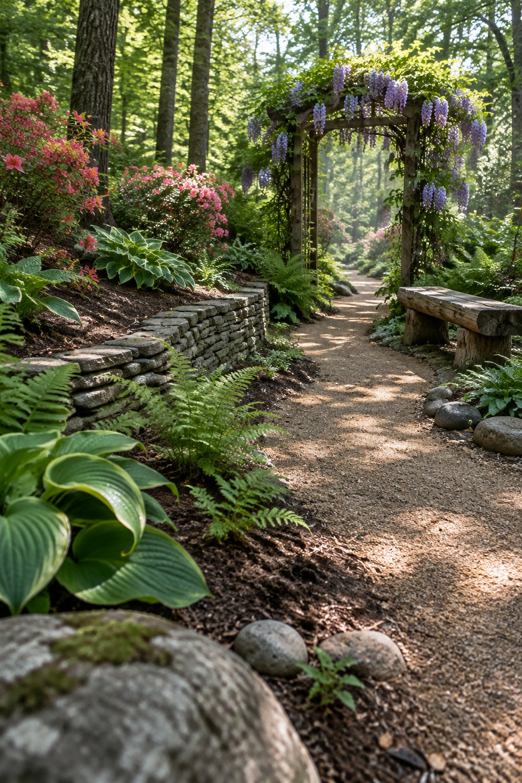 A woodland garden path bordered by a low stacked stone wall with layered ferns, hostas, and pink azaleas on one side and a wooden arch covered in purple wisteria on the other.