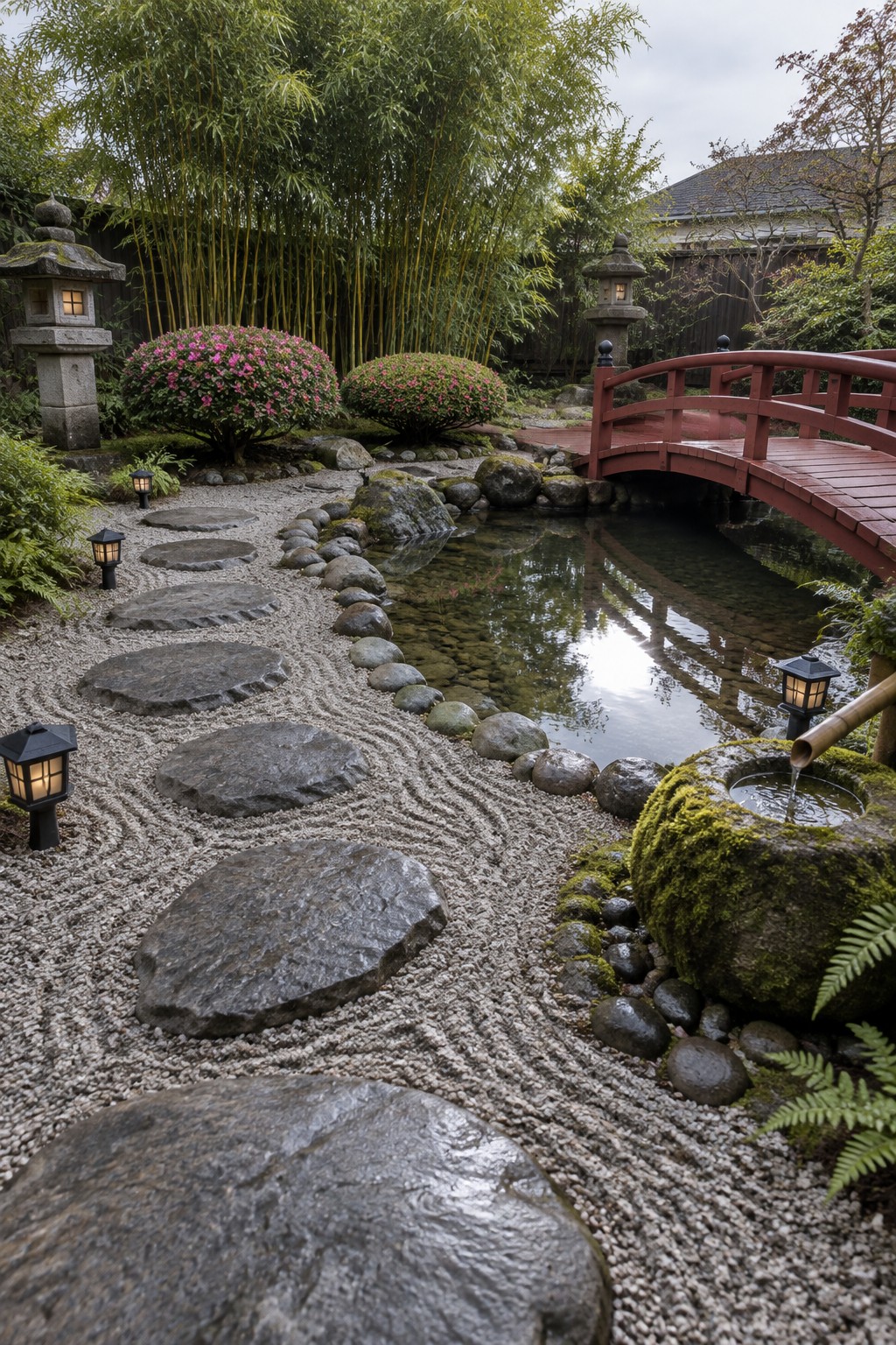 Japanese zen garden with raked gravel path, stepping stones, red bridge, and lanterns.