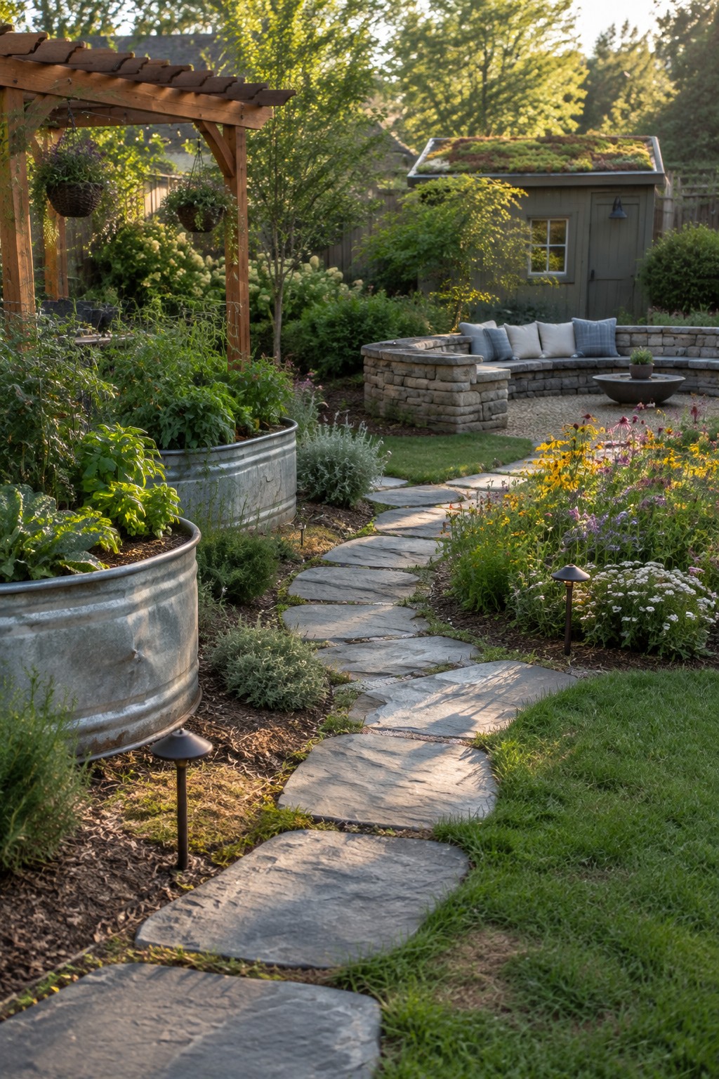 Stone pathway winds past metal planters and colorful flowers toward curved stone seating.