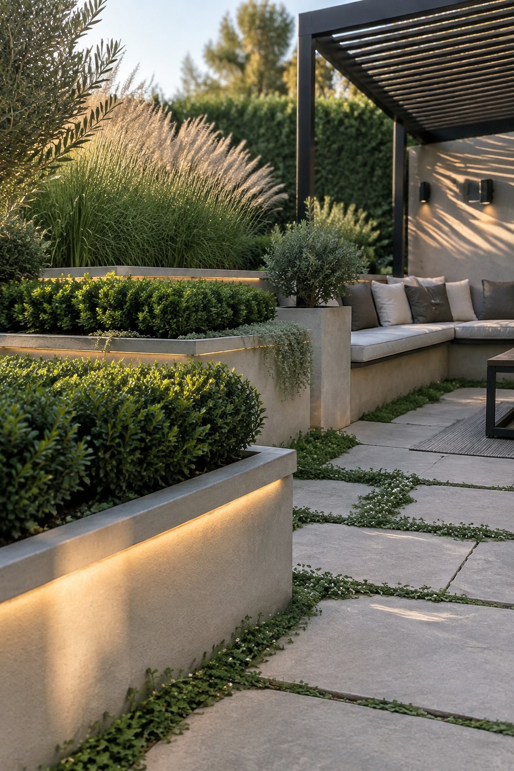Modern patio with illuminated concrete planters, lush greenery, stone pavers, and cushioned seating.