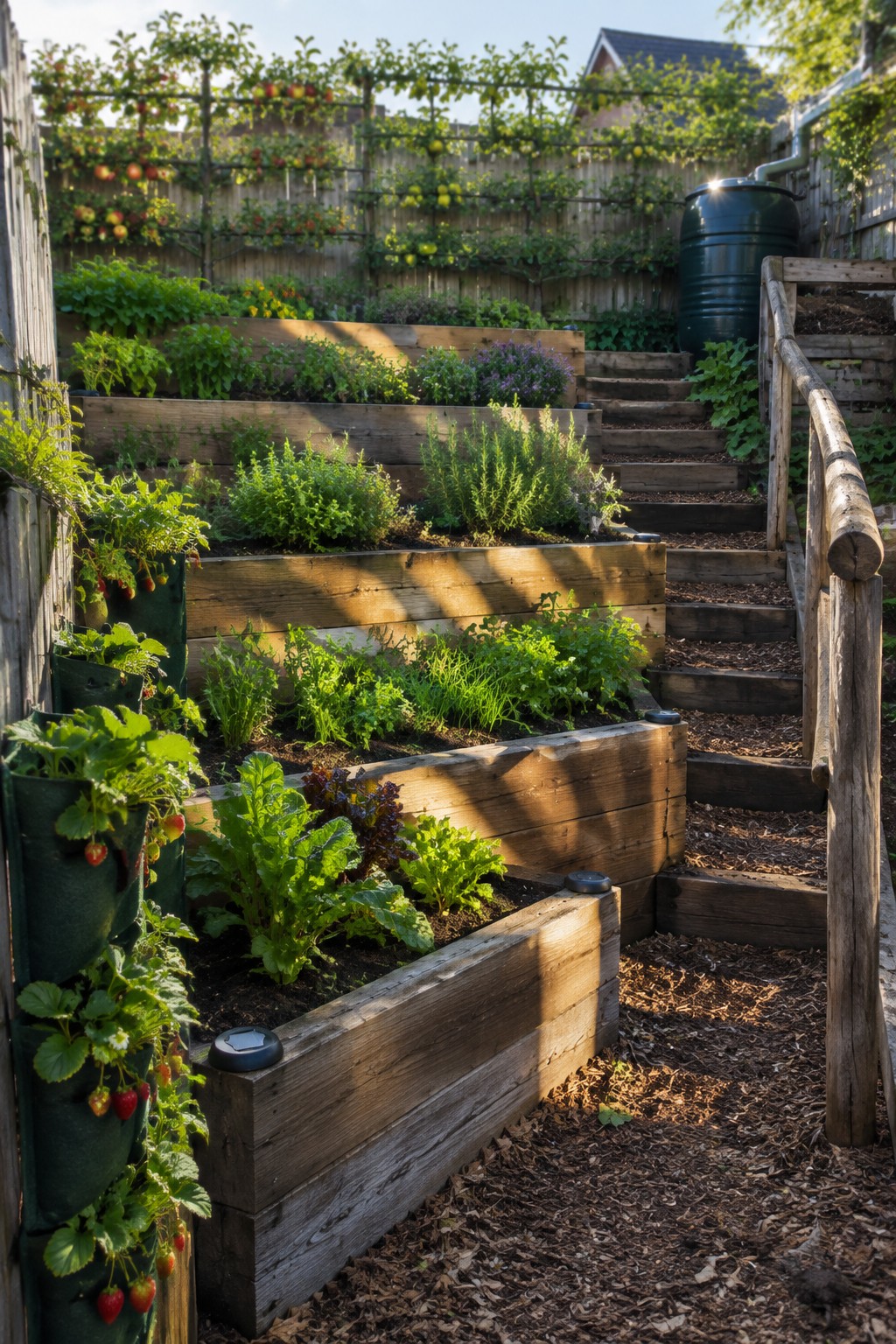 Tiered wooden raised beds with herbs and vegetables beside garden stairs