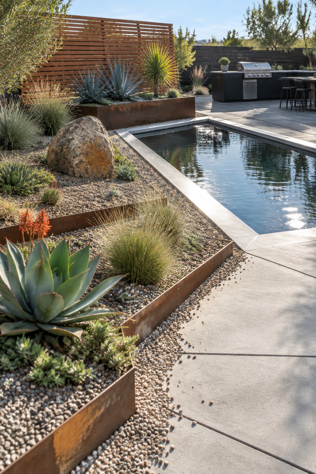 A modern backyard with a rectangular pool edged by raised planting beds in rusted metal, filled with succulents, ornamental grasses, and a large boulder, next to a concrete patio and outdoor kitchen.