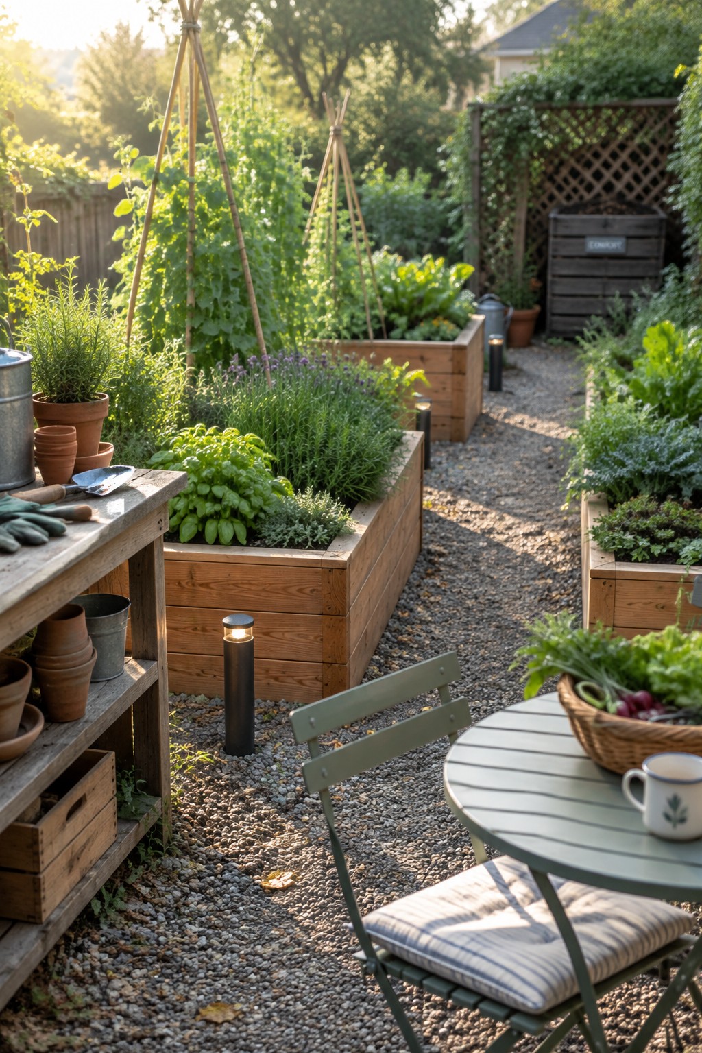 Raised wooden garden beds line gravel path near table, chair, and tools.