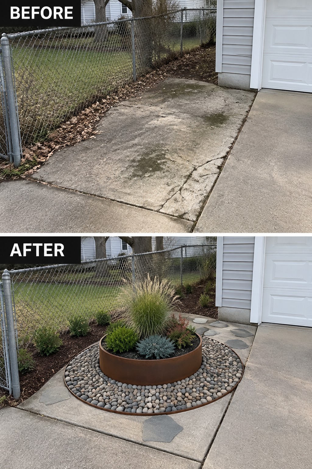 Before-and-after image of a cracked concrete path next to a house changed by adding a circular raised metal planter, pebble surround, and planted bed with stepping stones.