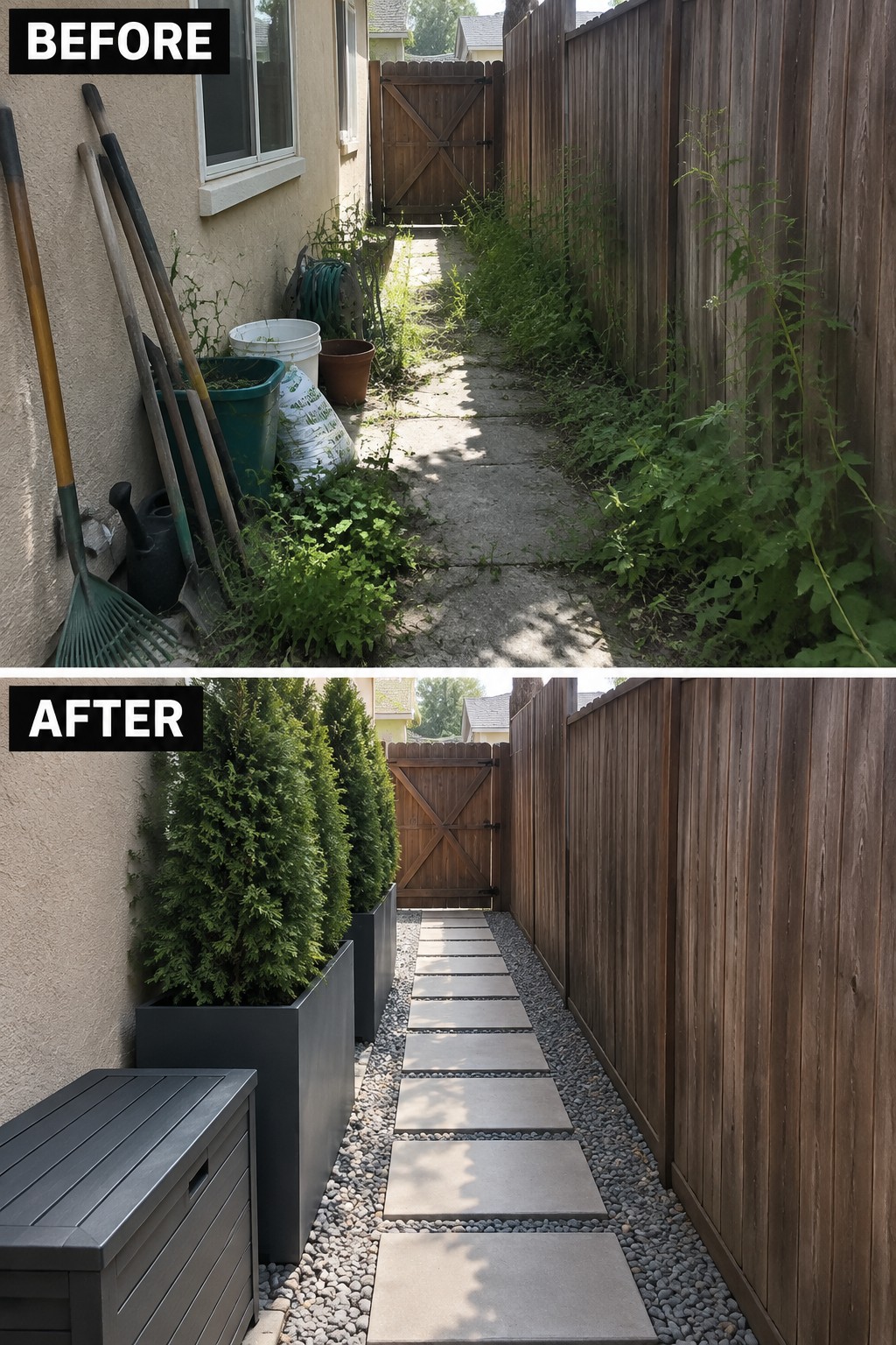 Before and after of cluttered side yard versus tidy gravel path with planters.