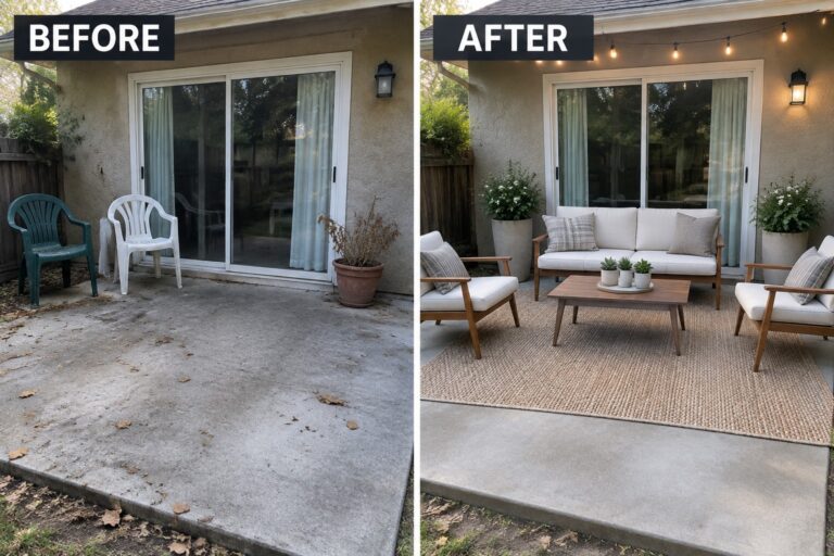 21 Modern Concrete Yard Makeover Ideas Without Rebuilding the Entire Yard Before and after patio with plastic chairs and dead plant transformed into furnished seating area