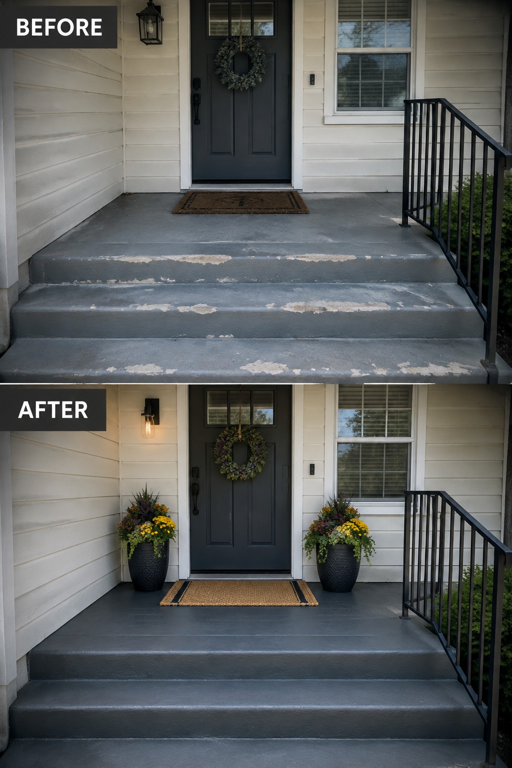 Before and after porch steps with fresh paint, planters, and wreath.