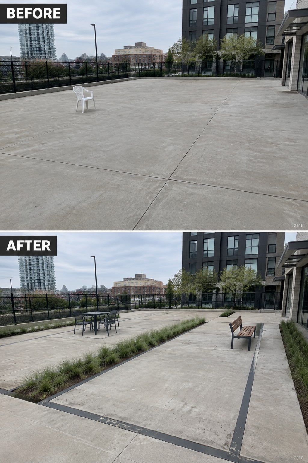 Before-and-after image of a bare concrete terrace updated with outdoor dining furniture, a bench, and linear planted beds.