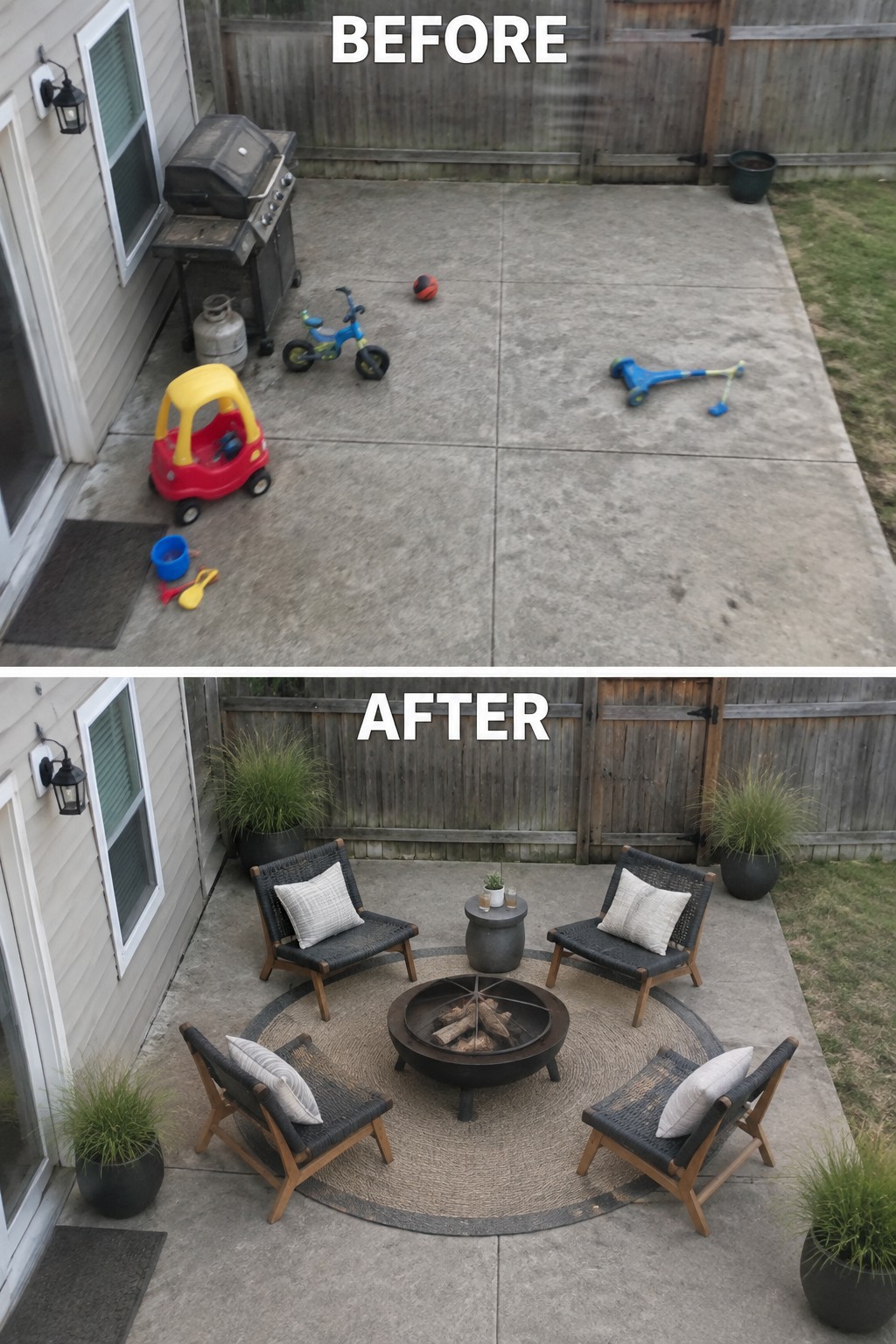Before and after backyard patio: toys and grill transformed into fire pit with chairs.