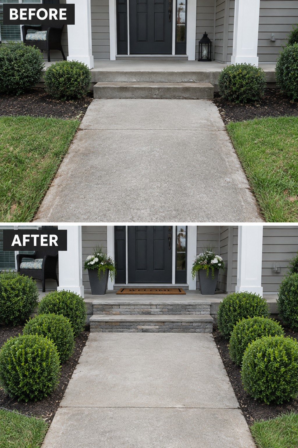 Before-and-after view of house entrance with stone steps and added planters.