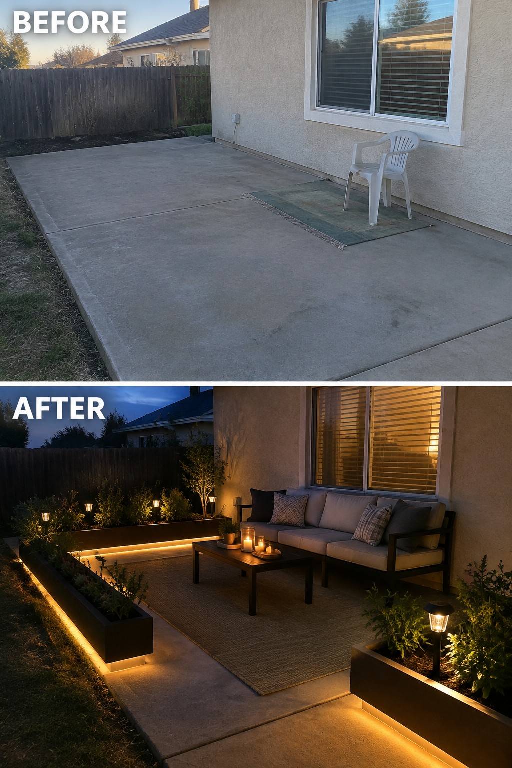 Before and after backyard patio makeover with furniture, planters and warm lighting
