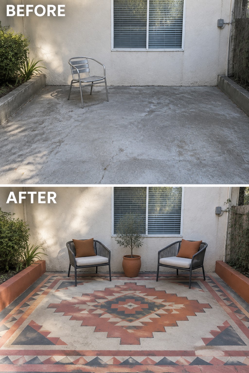 Before-and-after patio with geometric floor pattern, two cushioned chairs, and potted plant