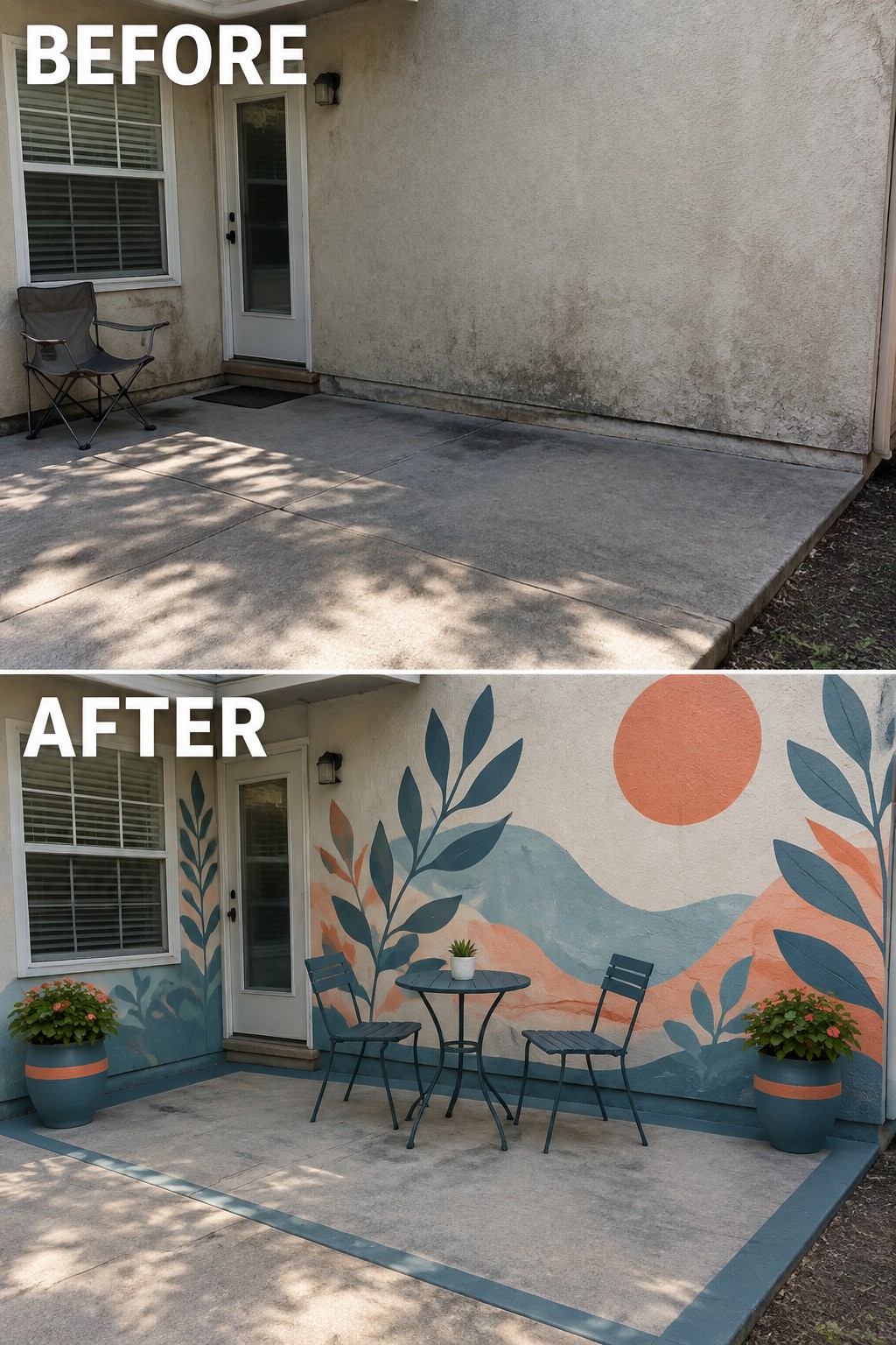 Before-and-after patio with plain wall transformed by abstract mural, bistro set, and potted plants.