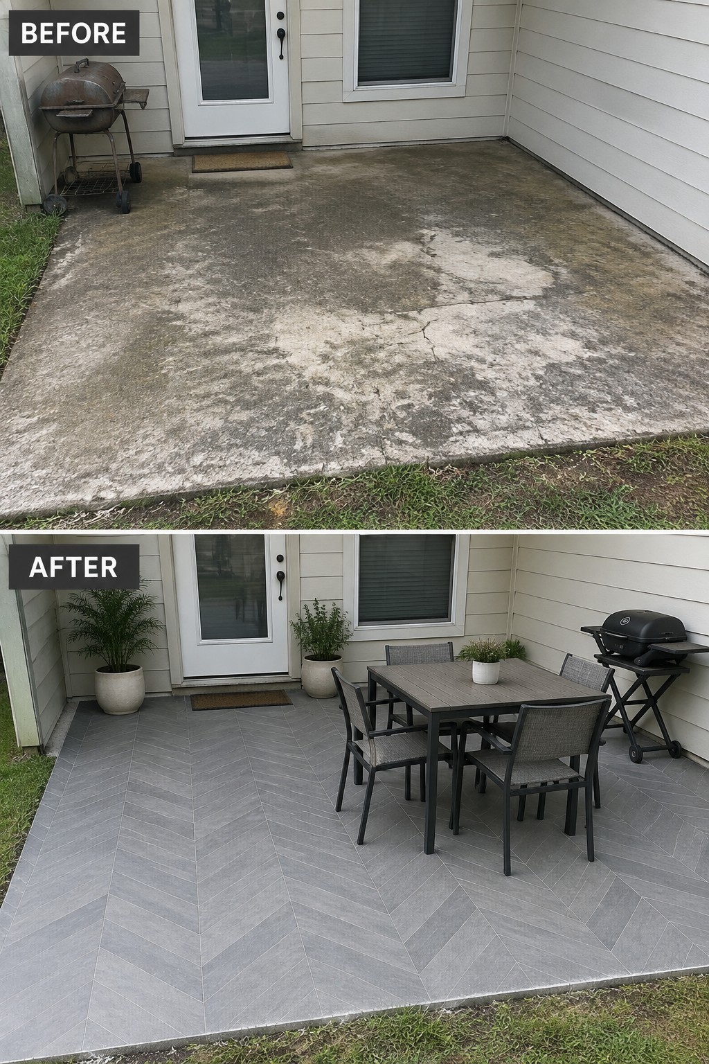 Before and after of stained concrete patio transformed into gray herringbone tile with furniture.