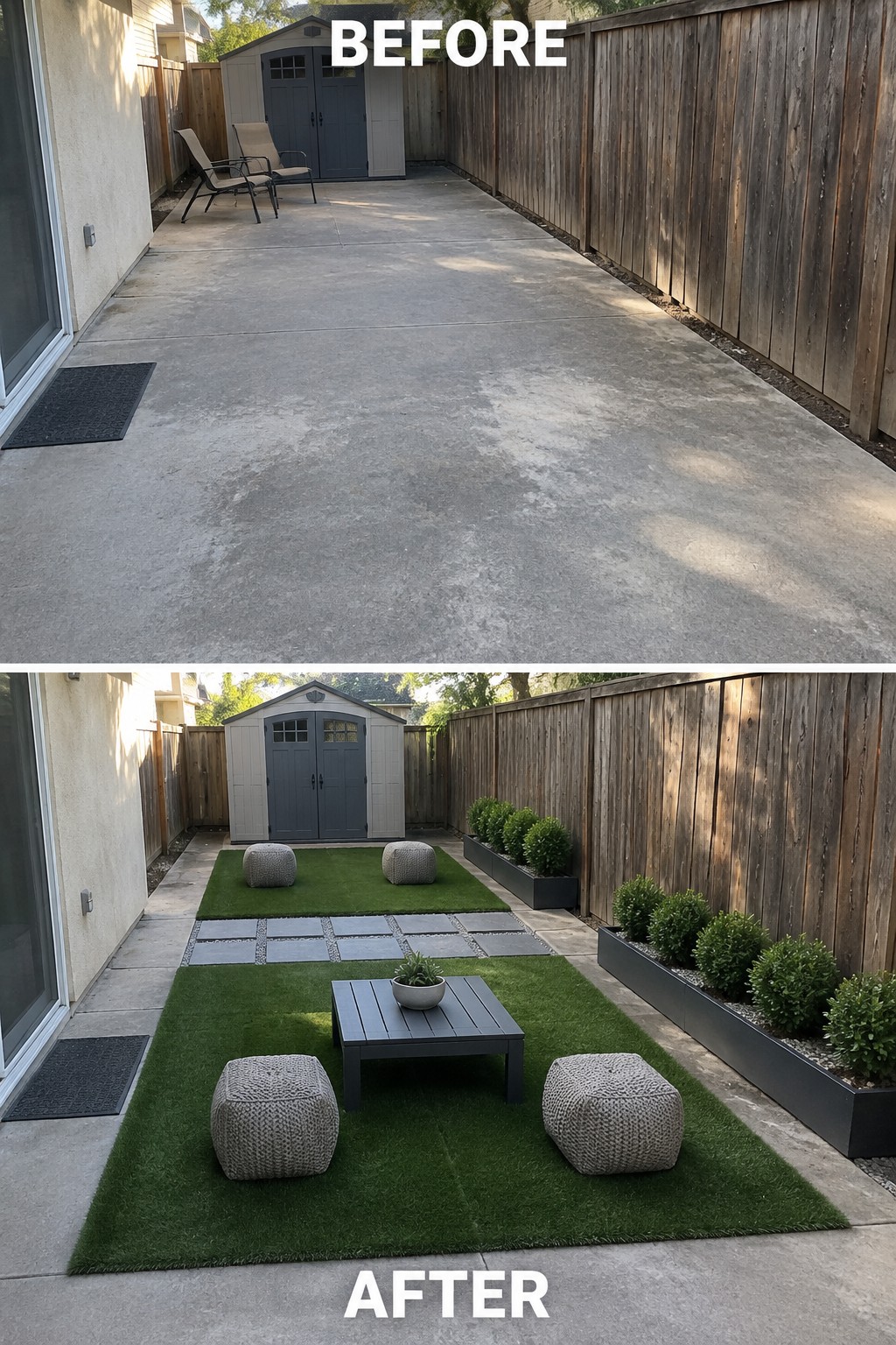 Before-after backyard: bare concrete patio above, turf seating area with table and planters below