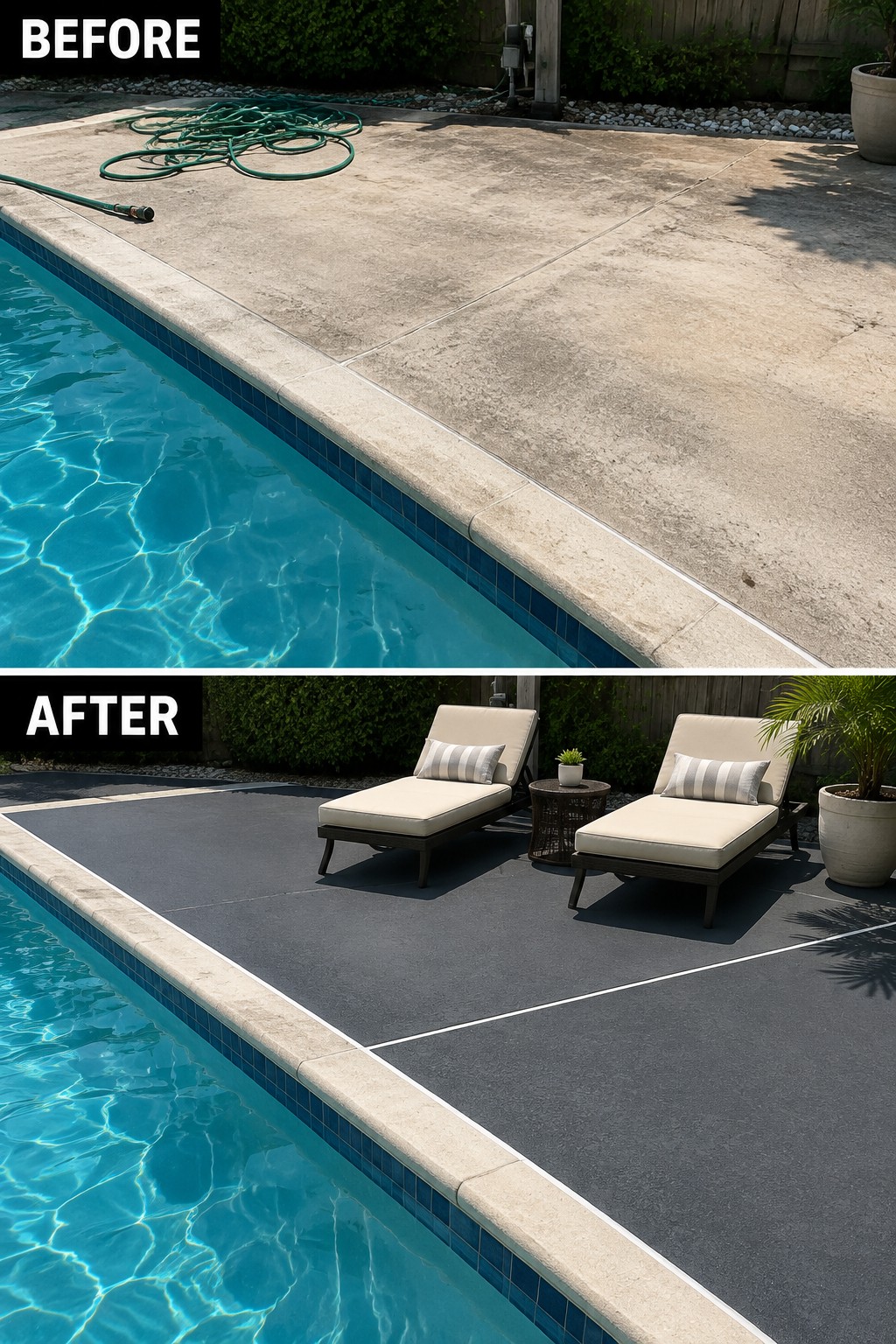Before and after pool deck: stained concrete transformed into dark tiled surface with lounge chairs