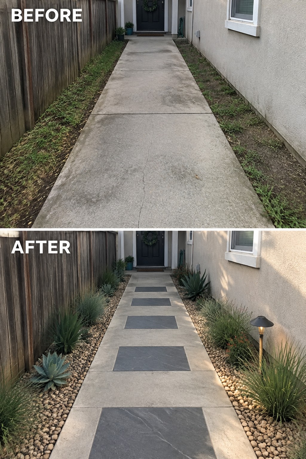 Before-and-after view of concrete walkway with added pavers, gravel, and plants.