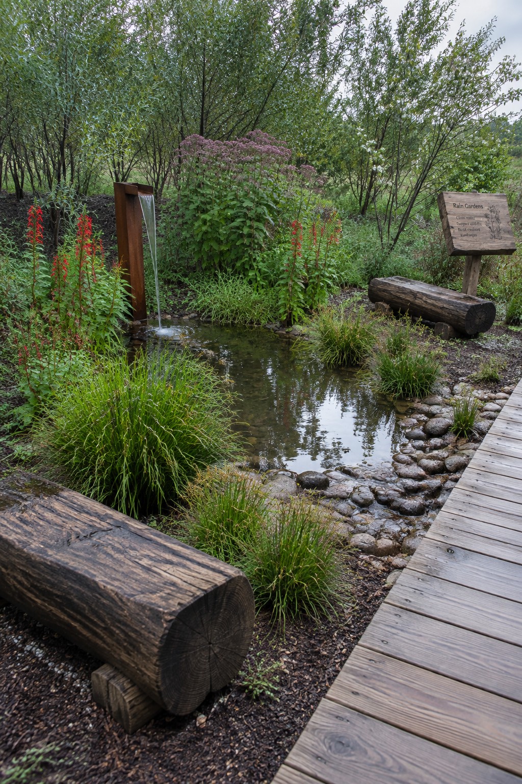 A backyard rain garden featuring a small pond fed by a metal spout, surrounded by native plants, log benches, and a wooden boardwalk path.