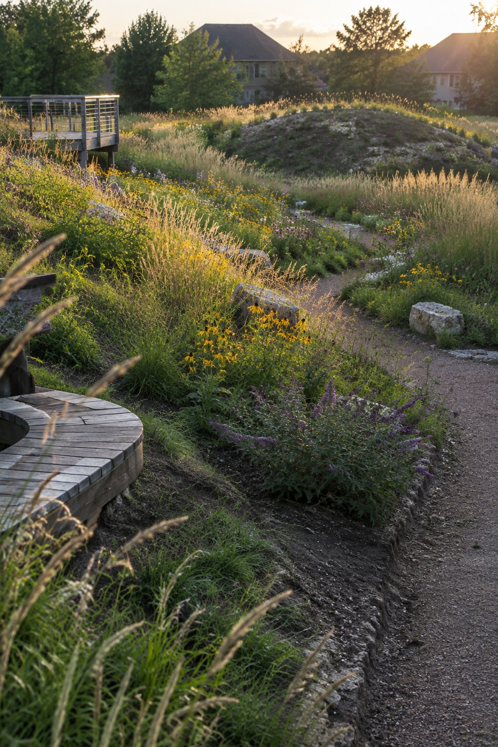 Wooden boardwalk winds through wildflower meadow with gravel path and hillside homes at sunset