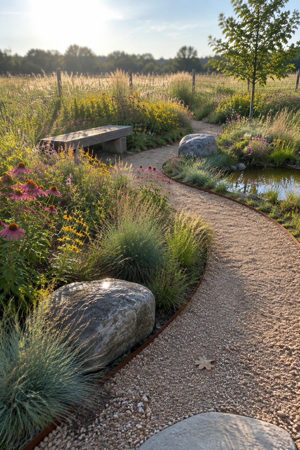 A winding gravel path with metal edging curves through native flower beds, grasses, rocks, and a small pond in a backyard garden.