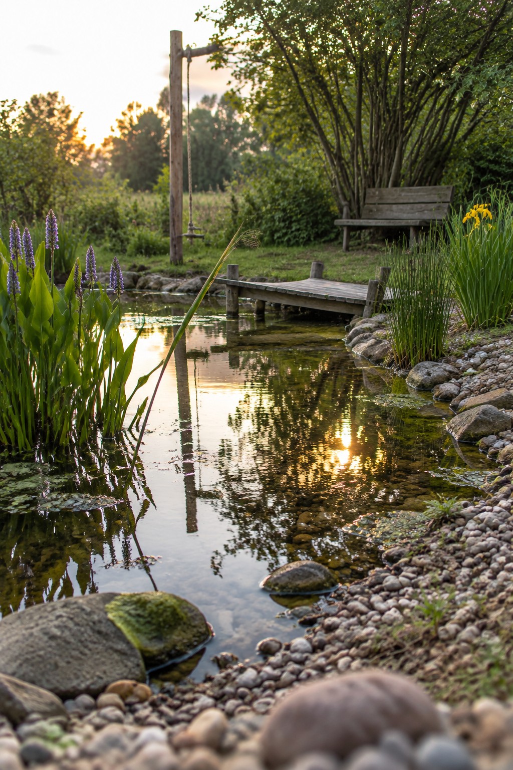 A backyard pond with rocky edges, native purple flowering plants on the left, yellow irises on the right, and a small wooden dock extending over the water.