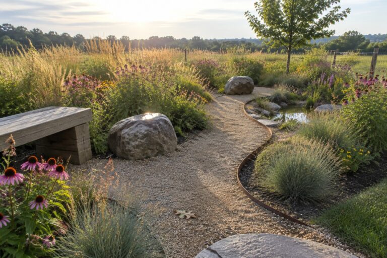 A winding gravel path with metal edging curves through native flower beds, grasses, rocks, and a small pond in a backyard garden.