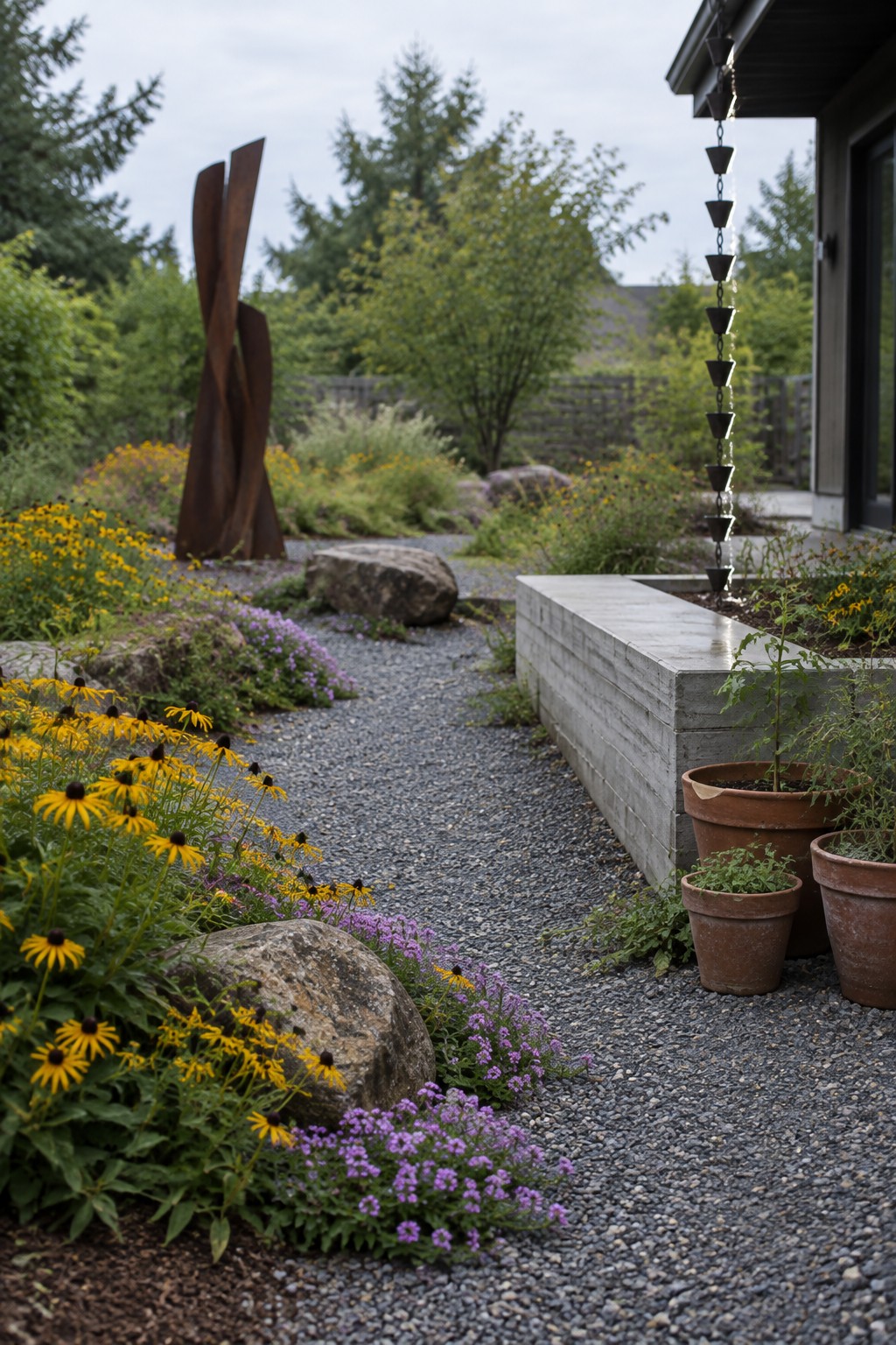 Garden path with yellow purple flowers, rocks, abstract sculpture, and rain chain.