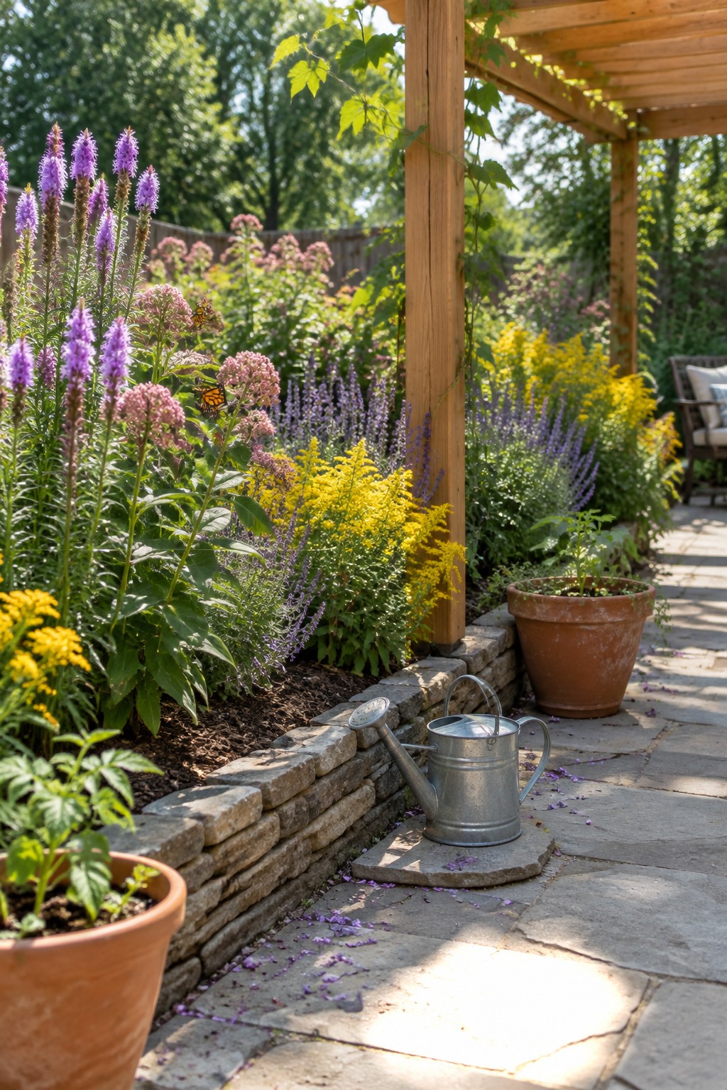 A stone-edged garden bed with tall purple flower spikes, pink clusters, and yellow blooms sits beside a paved path and wooden pergola.