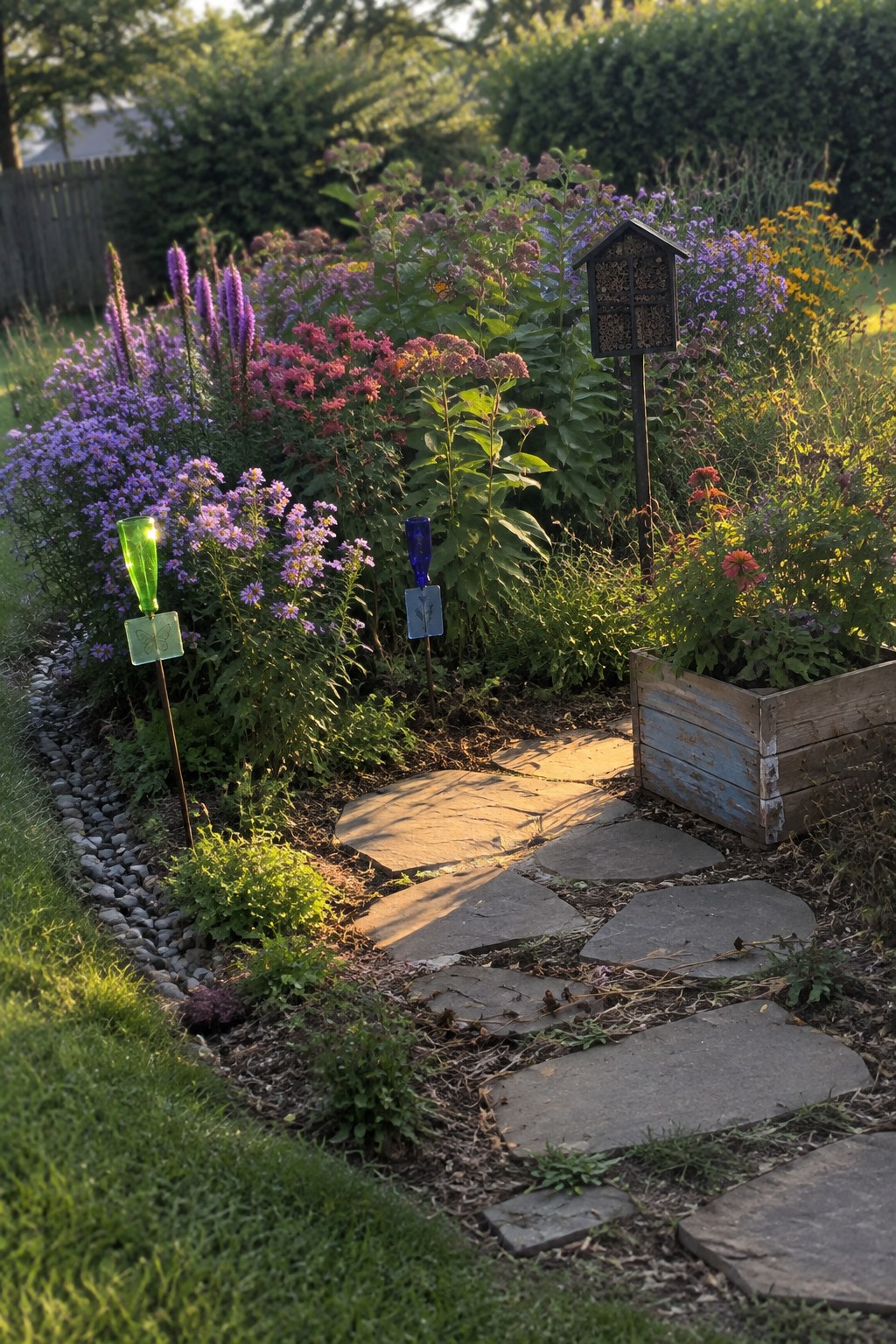A stone stepping stone path curves through dense flower beds filled with purple, pink, and green native plants, with a wooden raised bed on the right and colored glass bottles on stakes along the left.