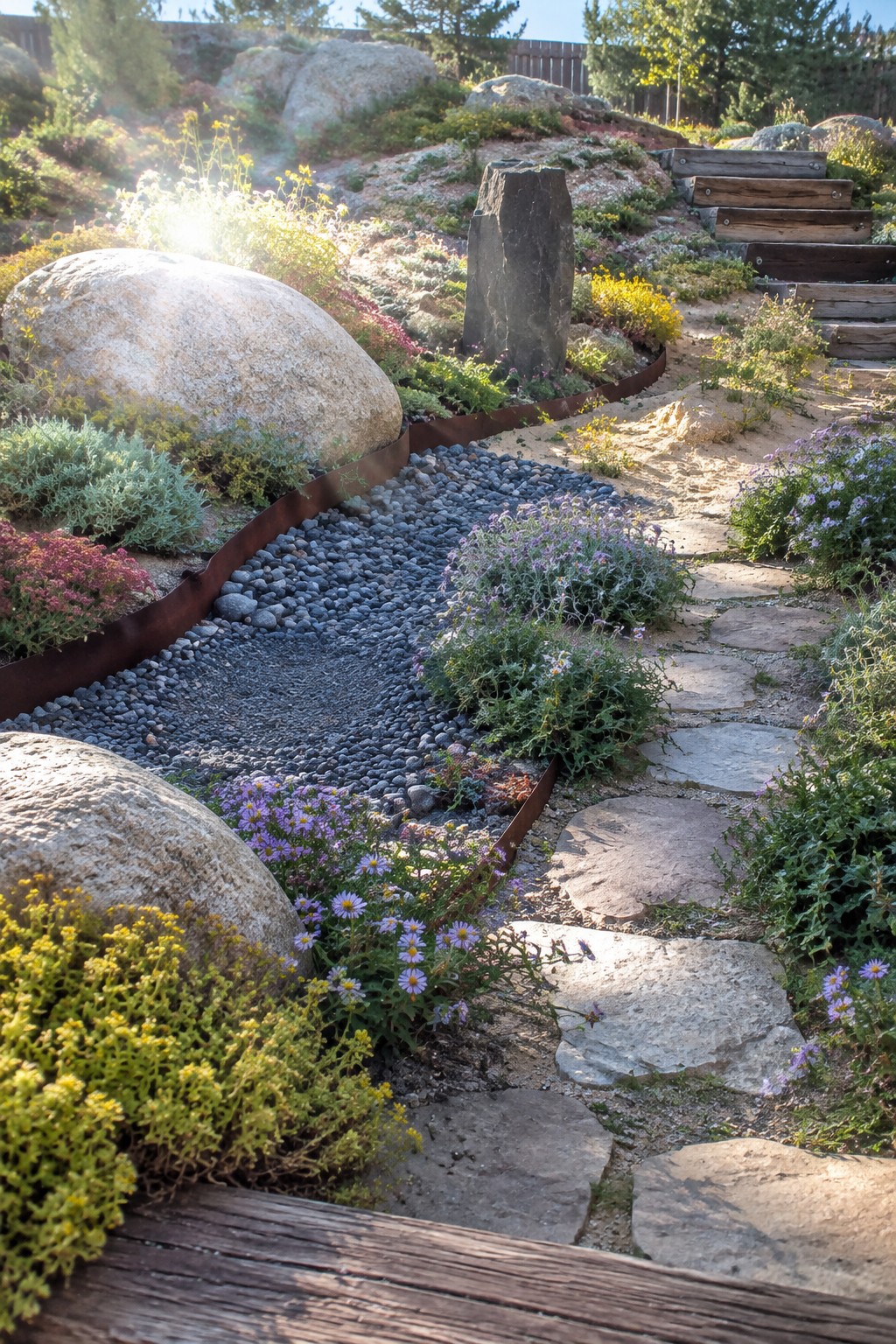A garden features a gravel bed bordered by curved rusted metal edging, with purple flowering plants, large rocks, and a stepping stone path nearby.